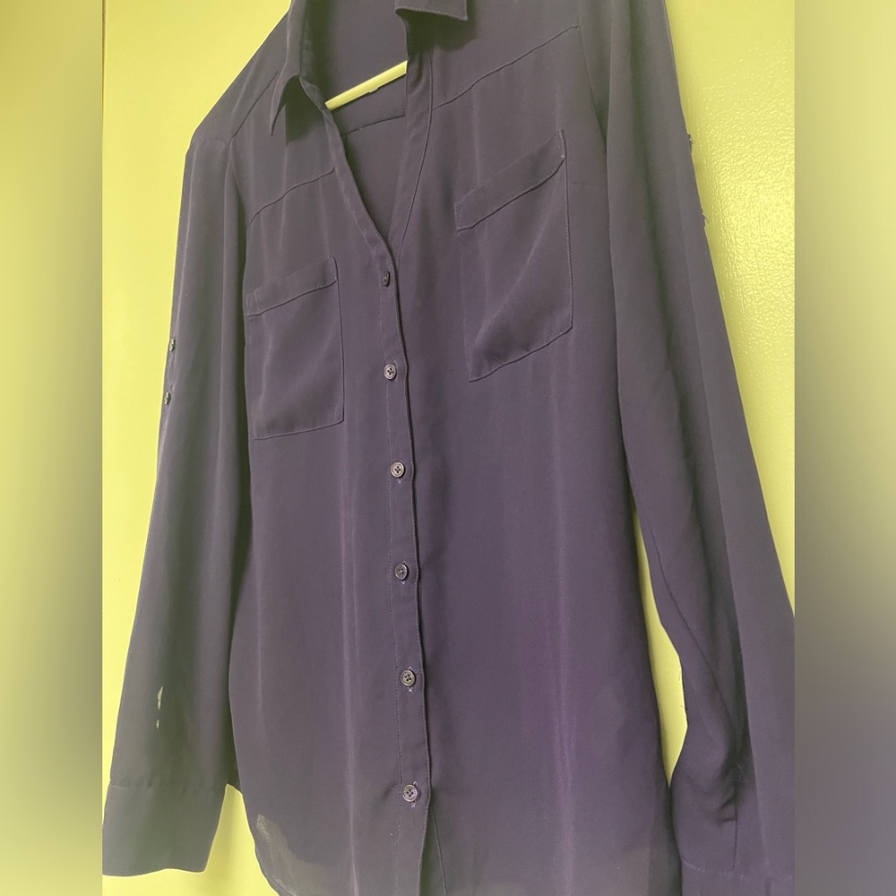 Women’s express brand button up, sheer, purple, size medium